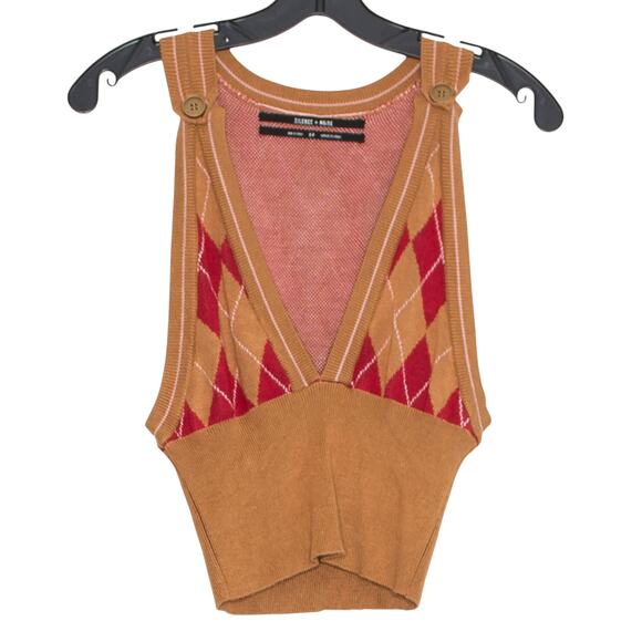 Cropped Sweater Vest Argyle Y2K Preppy Dark Academia Plunge Knit Brown Red Small - Picture 1 of 6